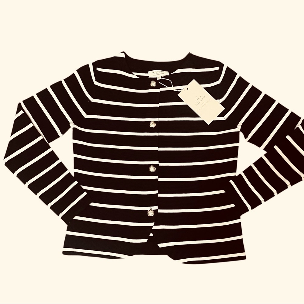La Vila Milano Black & White Striped Cardigan XS Crest Buttons | French Uniform